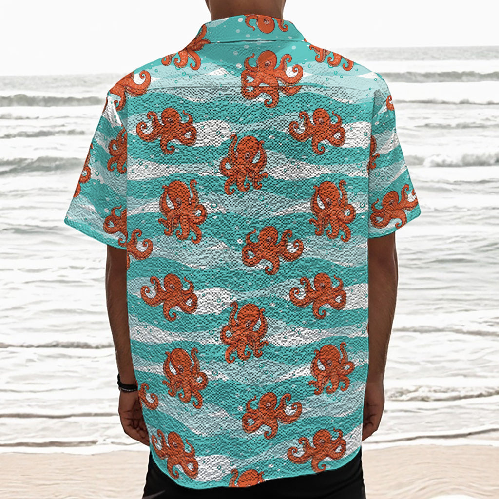 Cartoon Octopus Pattern Print Textured Short Sleeve Shirt