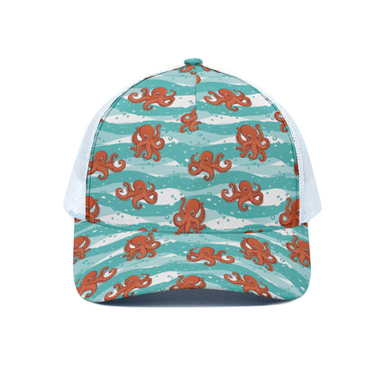 Cartoon Octopus Pattern Print White Mesh Trucker Cap