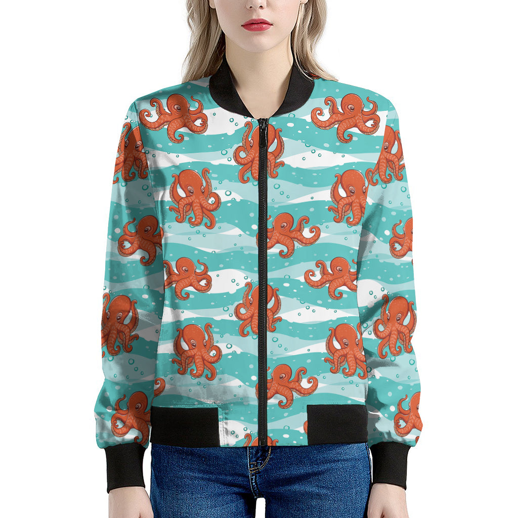 Cartoon Octopus Pattern Print Women's Bomber Jacket