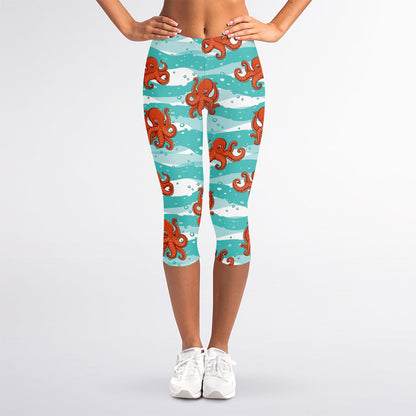 Cartoon Octopus Pattern Print Women's Capri Leggings