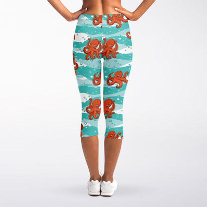 Cartoon Octopus Pattern Print Women's Capri Leggings