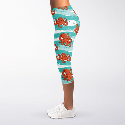 Cartoon Octopus Pattern Print Women's Capri Leggings