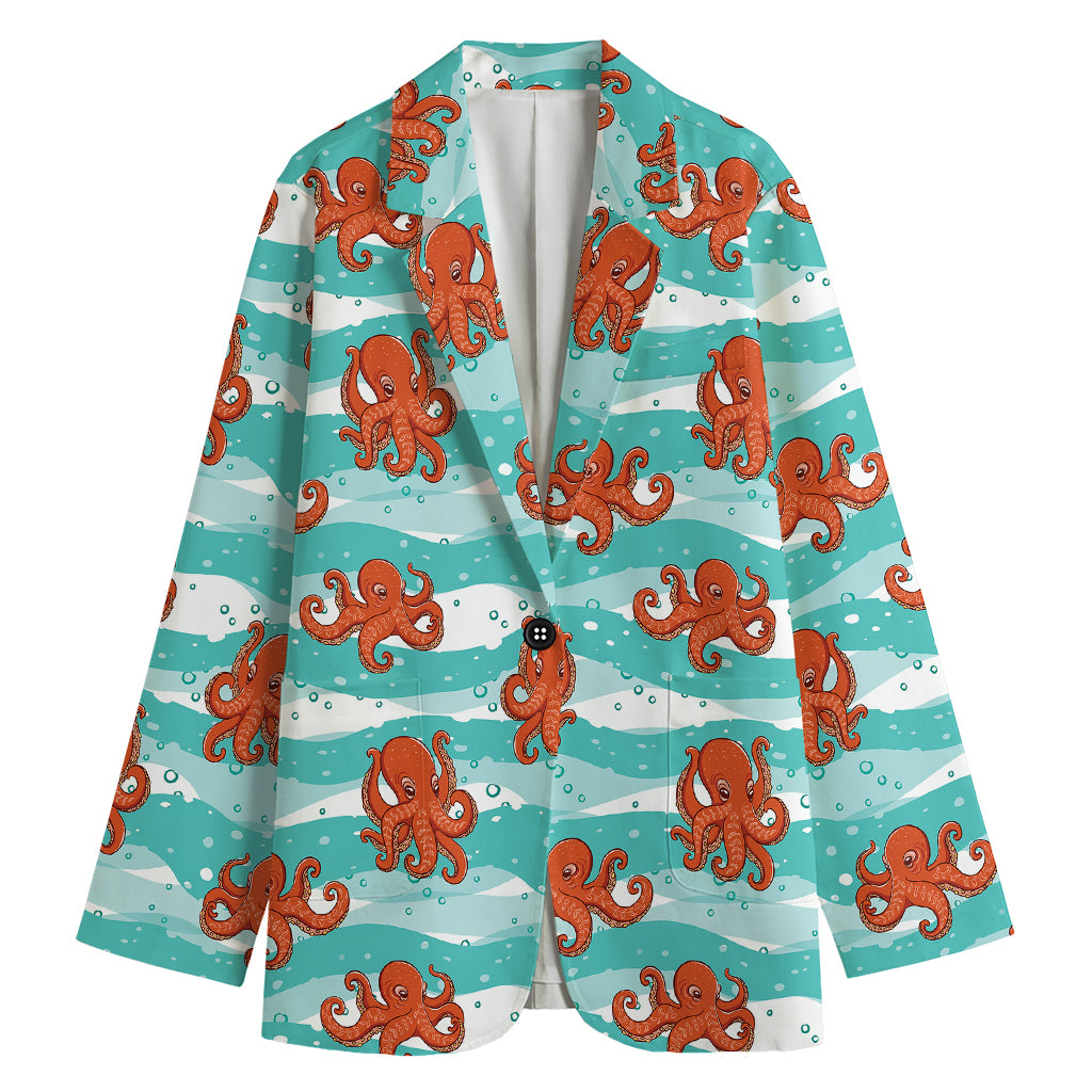 Cartoon Octopus Pattern Print Women's Cotton Blazer