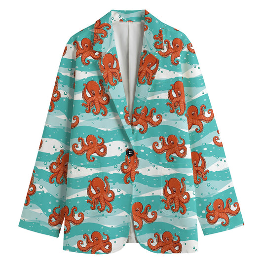 Cartoon Octopus Pattern Print Women's Cotton Blazer