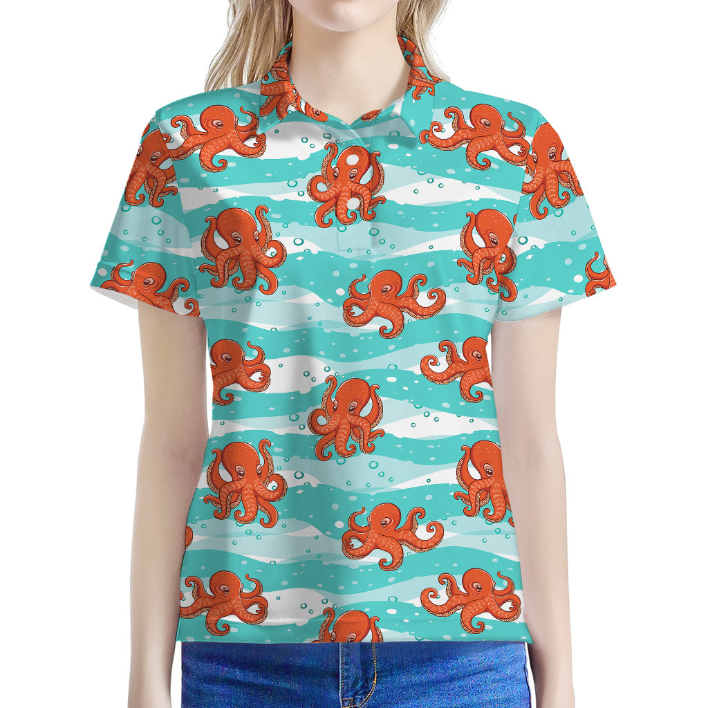 Cartoon Octopus Pattern Print Women's Polo Shirt