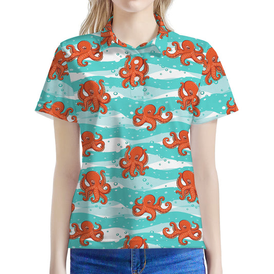 Cartoon Octopus Pattern Print Women's Polo Shirt