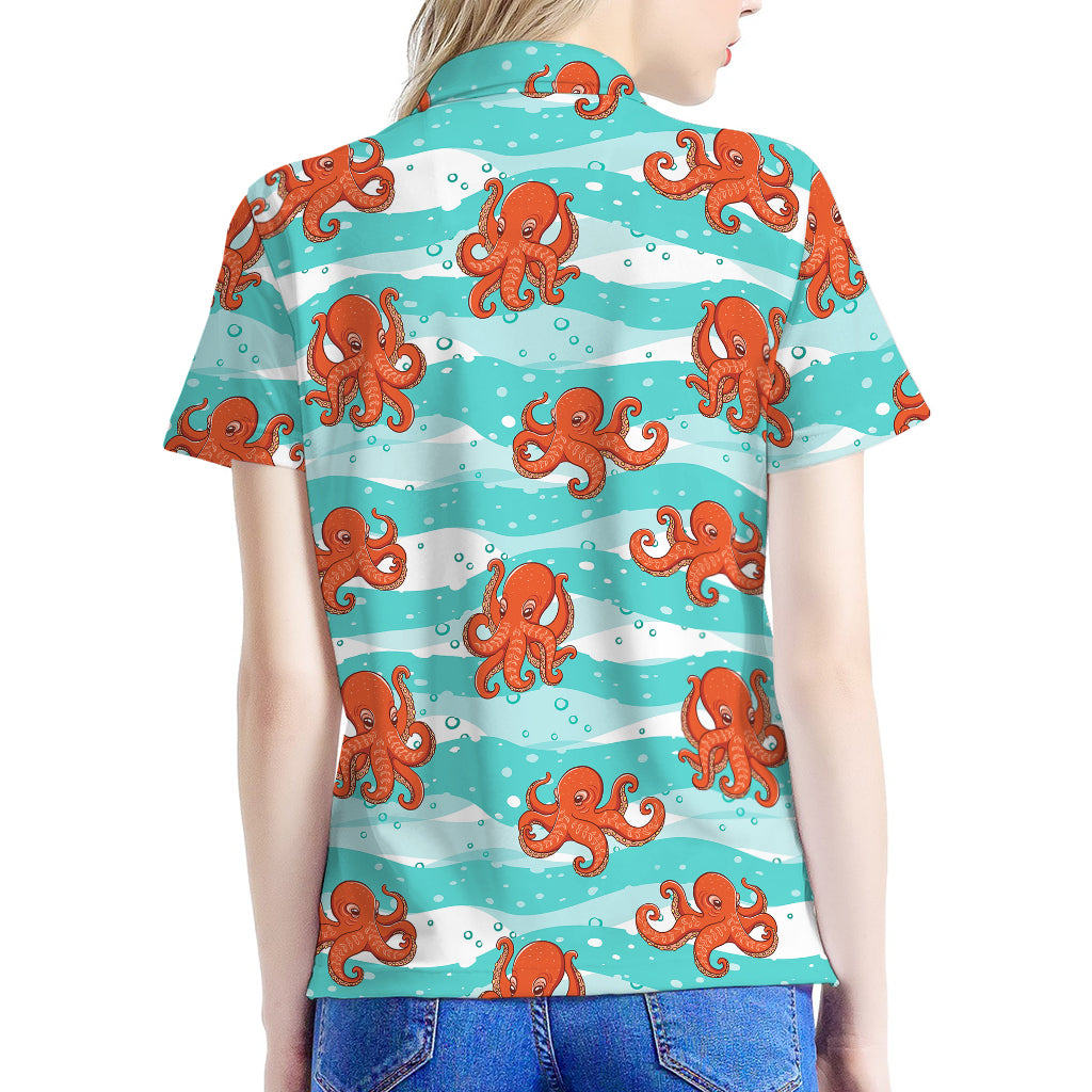Cartoon Octopus Pattern Print Women's Polo Shirt