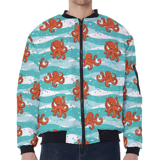 Cartoon Octopus Pattern Print Zip Sleeve Bomber Jacket
