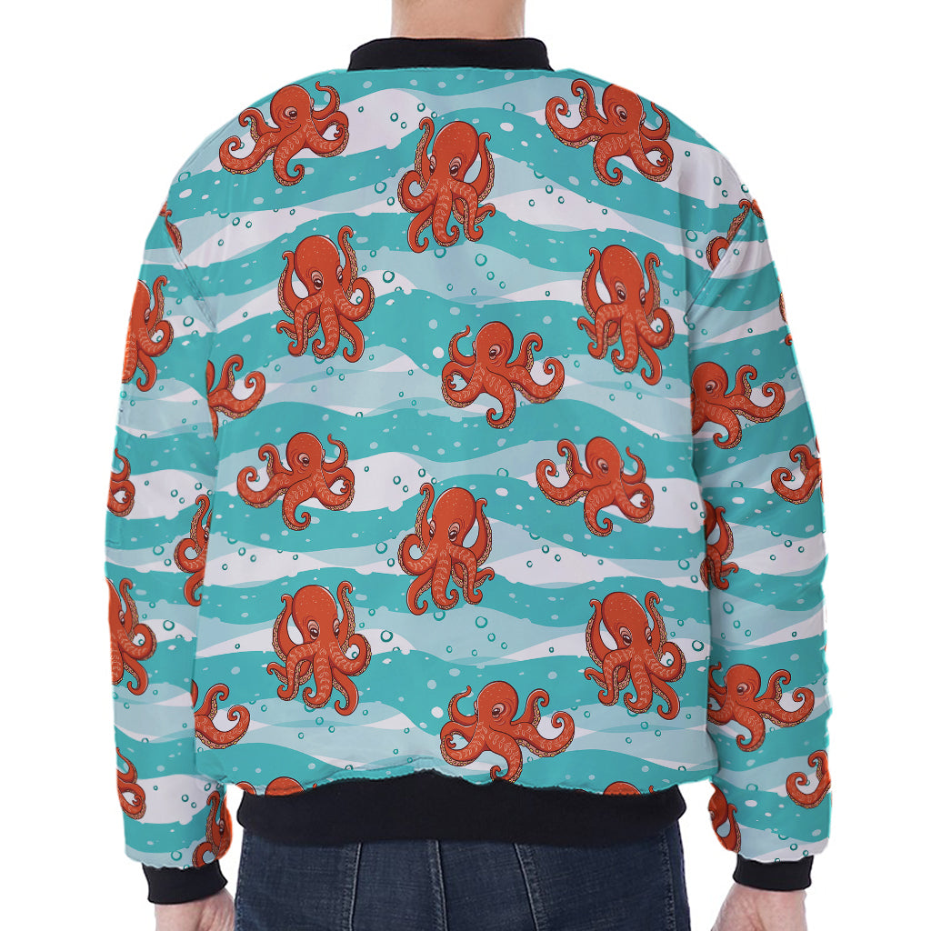 Cartoon Octopus Pattern Print Zip Sleeve Bomber Jacket