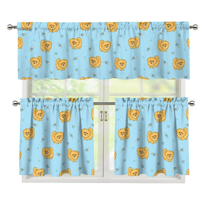 Cartoon Pomeranian Pattern Print 3 Piece Kitchen Curtains