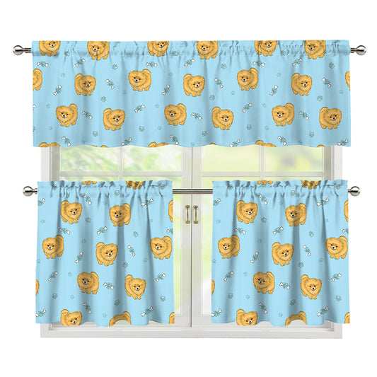 Cartoon Pomeranian Pattern Print 3 Piece Kitchen Curtains