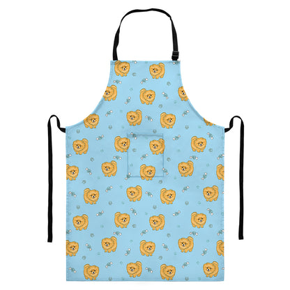 Cartoon Pomeranian Pattern Print Bib Apron With Pocket