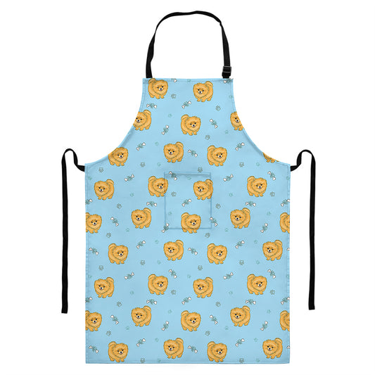 Cartoon Pomeranian Pattern Print Bib Apron With Pocket