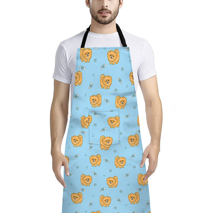 Cartoon Pomeranian Pattern Print Bib Apron With Pocket
