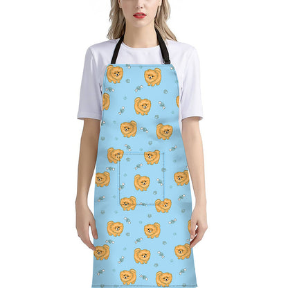 Cartoon Pomeranian Pattern Print Bib Apron With Pocket