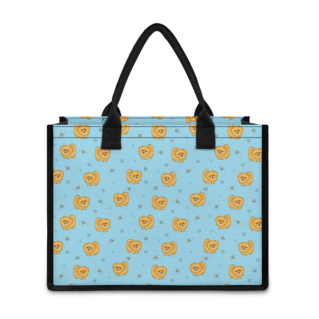 Cartoon Pomeranian Pattern Print Canvas Tote Bag