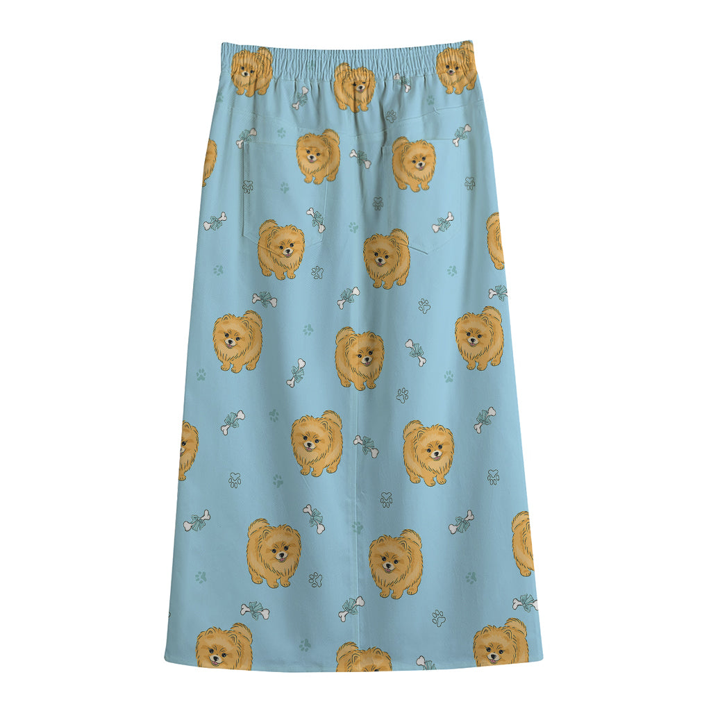 Cartoon Pomeranian Pattern Print Cotton Front Slit Maxi Skirt