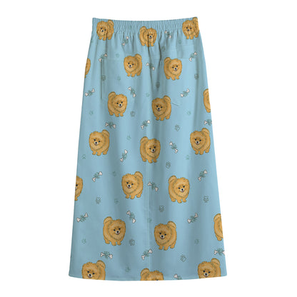 Cartoon Pomeranian Pattern Print Cotton Front Slit Maxi Skirt