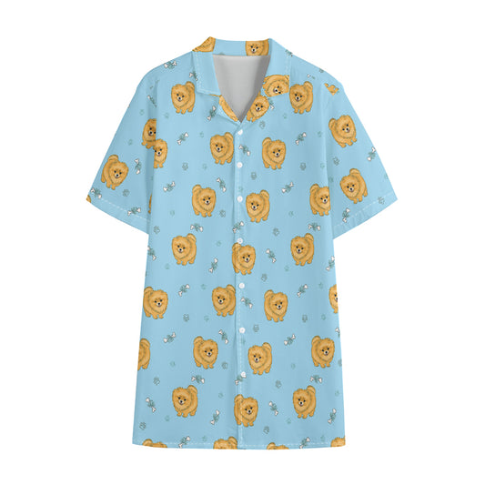 Cartoon Pomeranian Pattern Print Cotton Hawaiian Shirt