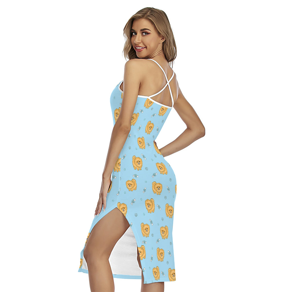 Cartoon Pomeranian Pattern Print Cross Back Cami Dress
