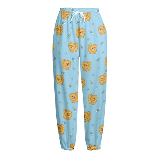Cartoon Pomeranian Pattern Print Fleece Lined Knit Pants