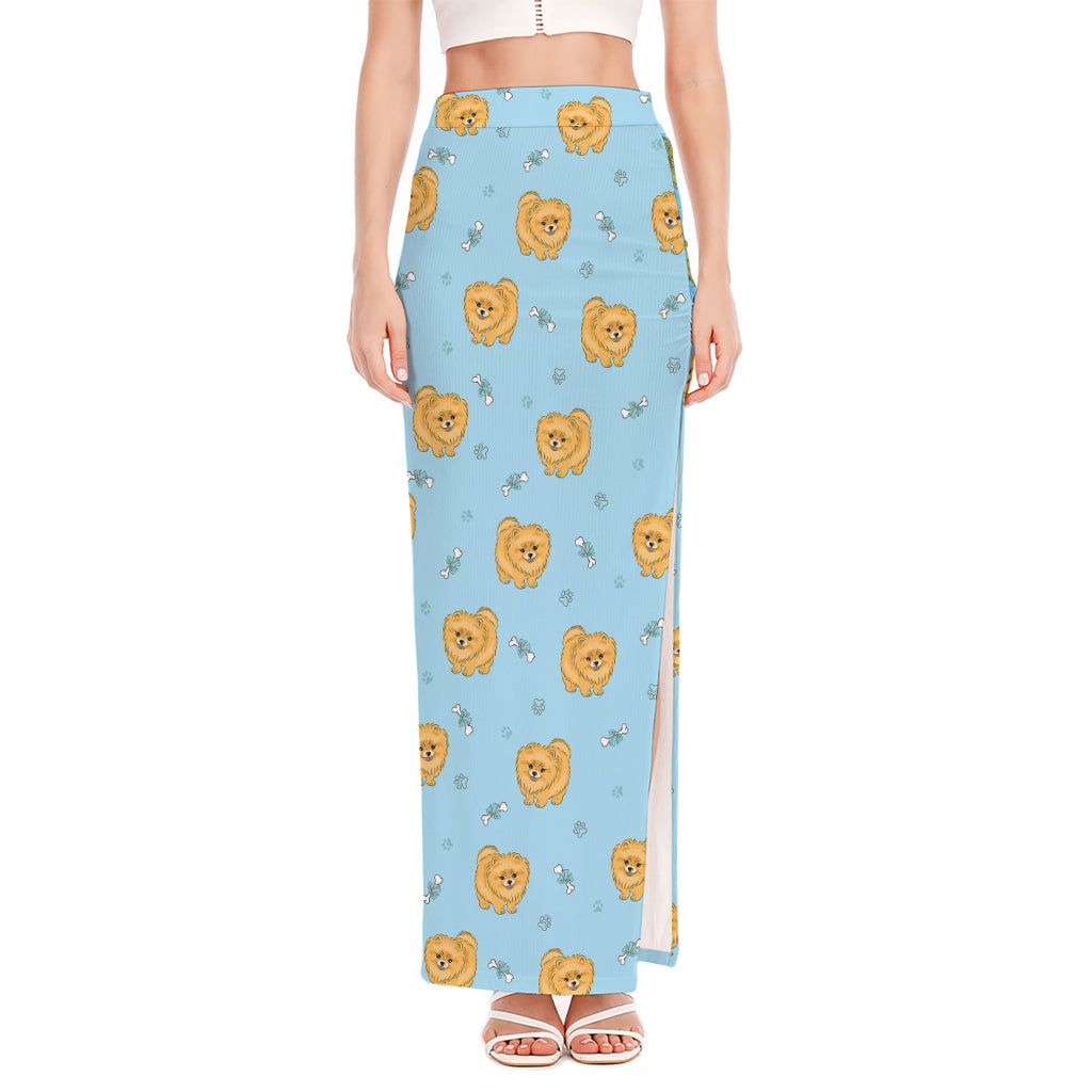 Cartoon Pomeranian Pattern Print High Slit Maxi Skirt