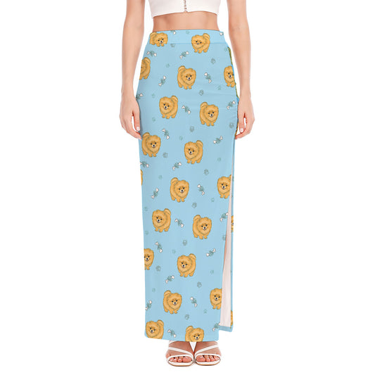 Cartoon Pomeranian Pattern Print High Slit Maxi Skirt