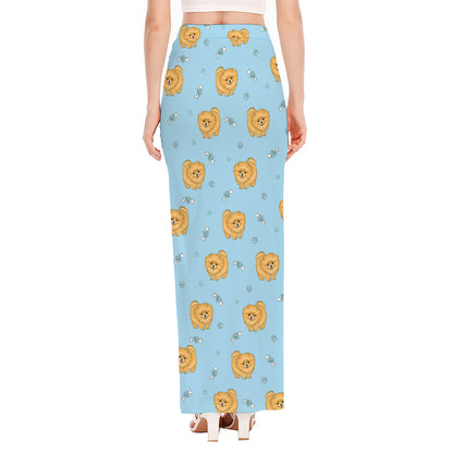 Cartoon Pomeranian Pattern Print High Slit Maxi Skirt