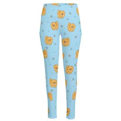 Cartoon Pomeranian Pattern Print High-Waisted Pocket Leggings
