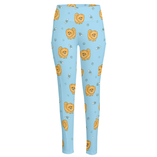 Cartoon Pomeranian Pattern Print High-Waisted Pocket Leggings
