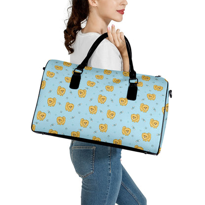 Cartoon Pomeranian Pattern Print Leather Duffle Bag