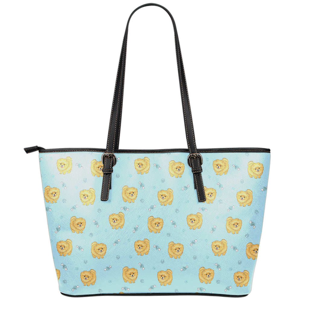 Cartoon Pomeranian Pattern Print Leather Tote Bag