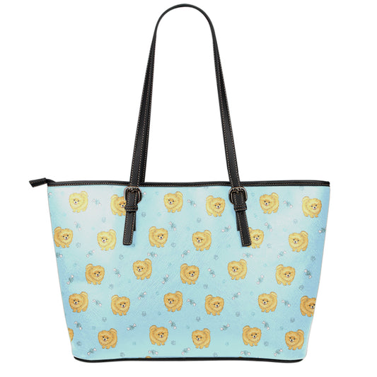 Cartoon Pomeranian Pattern Print Leather Tote Bag