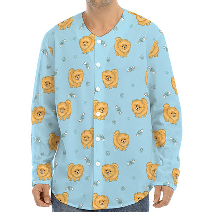 Cartoon Pomeranian Pattern Print Long Sleeve Baseball Jersey