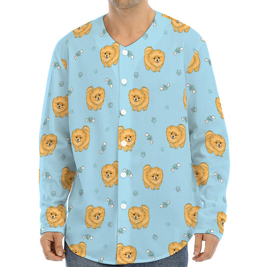 Cartoon Pomeranian Pattern Print Long Sleeve Baseball Jersey