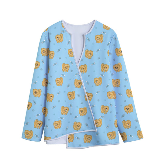 Cartoon Pomeranian Pattern Print Long Sleeve Short Coat