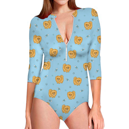 Cartoon Pomeranian Pattern Print Long Sleeve Swimsuit