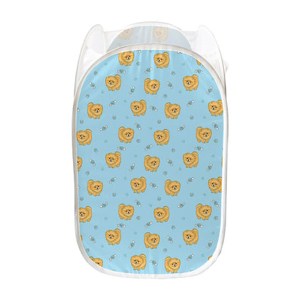 Cartoon Pomeranian Pattern Print Mesh Laundry Hamper