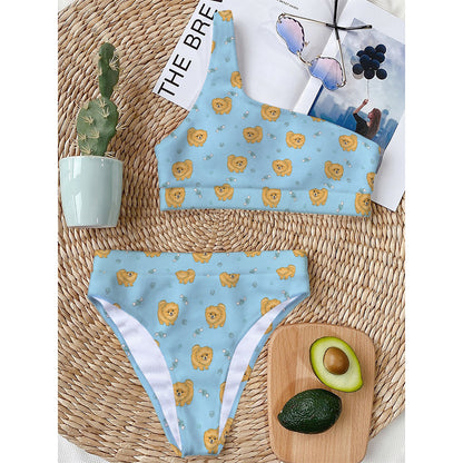 Cartoon Pomeranian Pattern Print One Shoulder Bikini Top