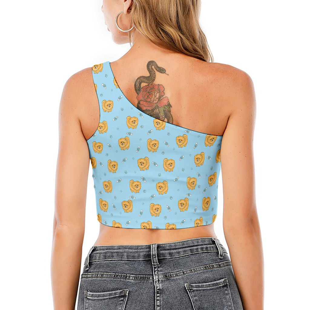 Cartoon Pomeranian Pattern Print One Shoulder Crop Top