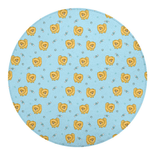 Cartoon Pomeranian Pattern Print Round Blanket