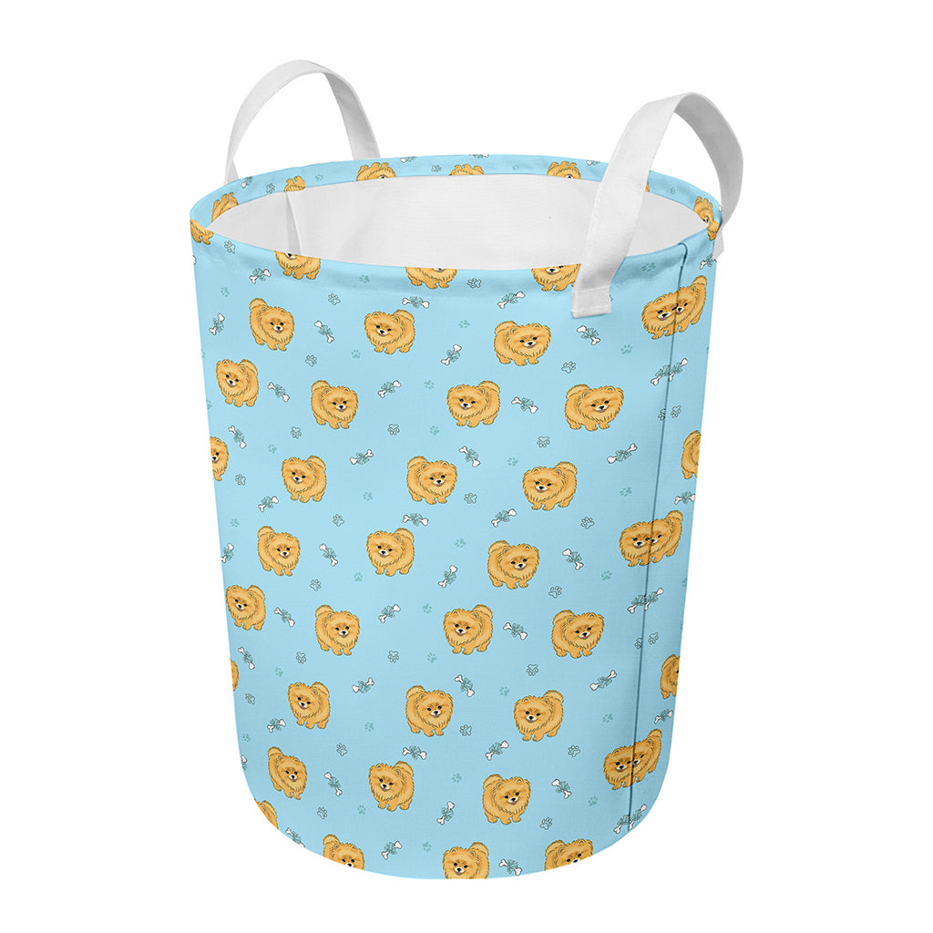 Cartoon Pomeranian Pattern Print Round Laundry Basket