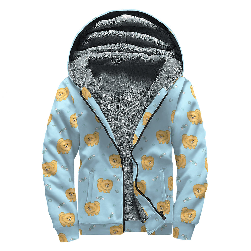Cartoon Pomeranian Pattern Print Sherpa Lined Zip Up Hoodie
