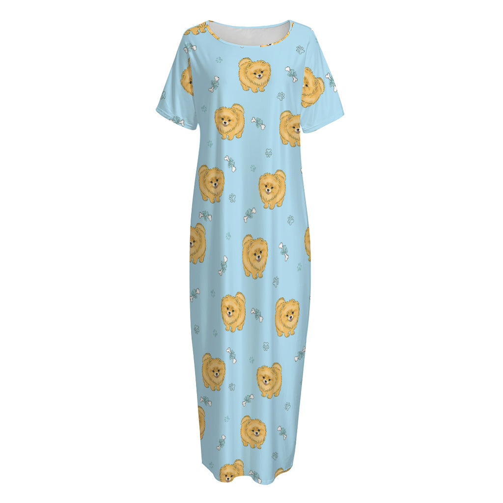 Cartoon Pomeranian Pattern Print Short Sleeve Long Nightdress