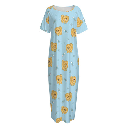 Cartoon Pomeranian Pattern Print Short Sleeve Long Nightdress