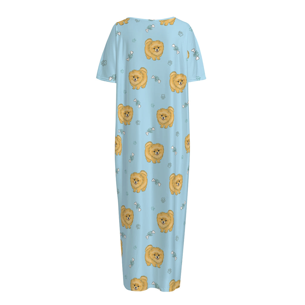 Cartoon Pomeranian Pattern Print Short Sleeve Long Nightdress