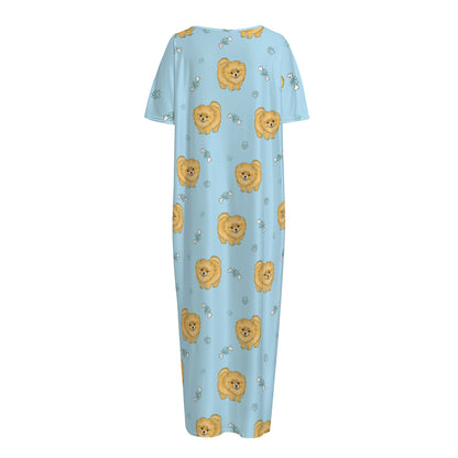 Cartoon Pomeranian Pattern Print Short Sleeve Long Nightdress