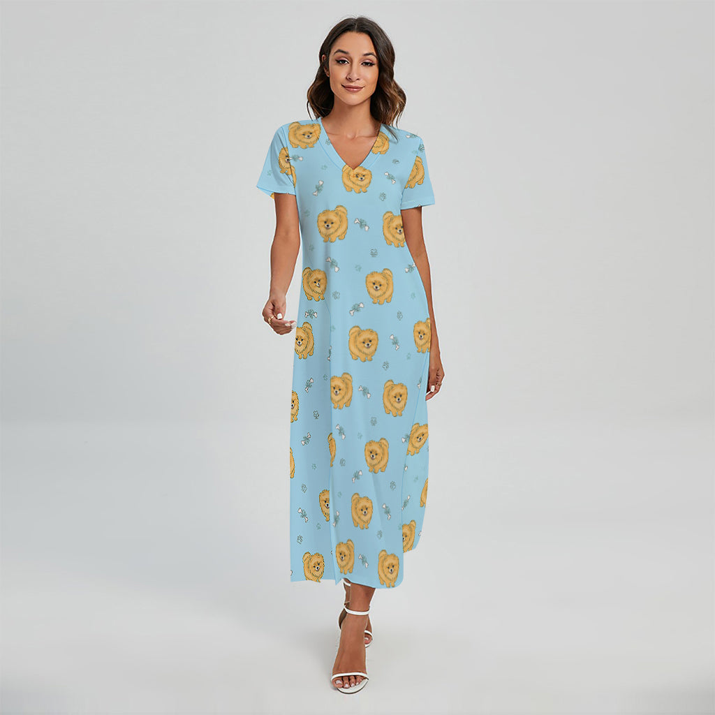 Cartoon Pomeranian Pattern Print Short Sleeve Maxi Dress