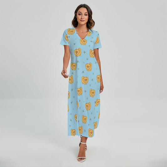 Cartoon Pomeranian Pattern Print Short Sleeve Maxi Dress