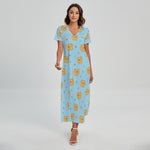 Cartoon Pomeranian Pattern Print Short Sleeve Maxi Dress